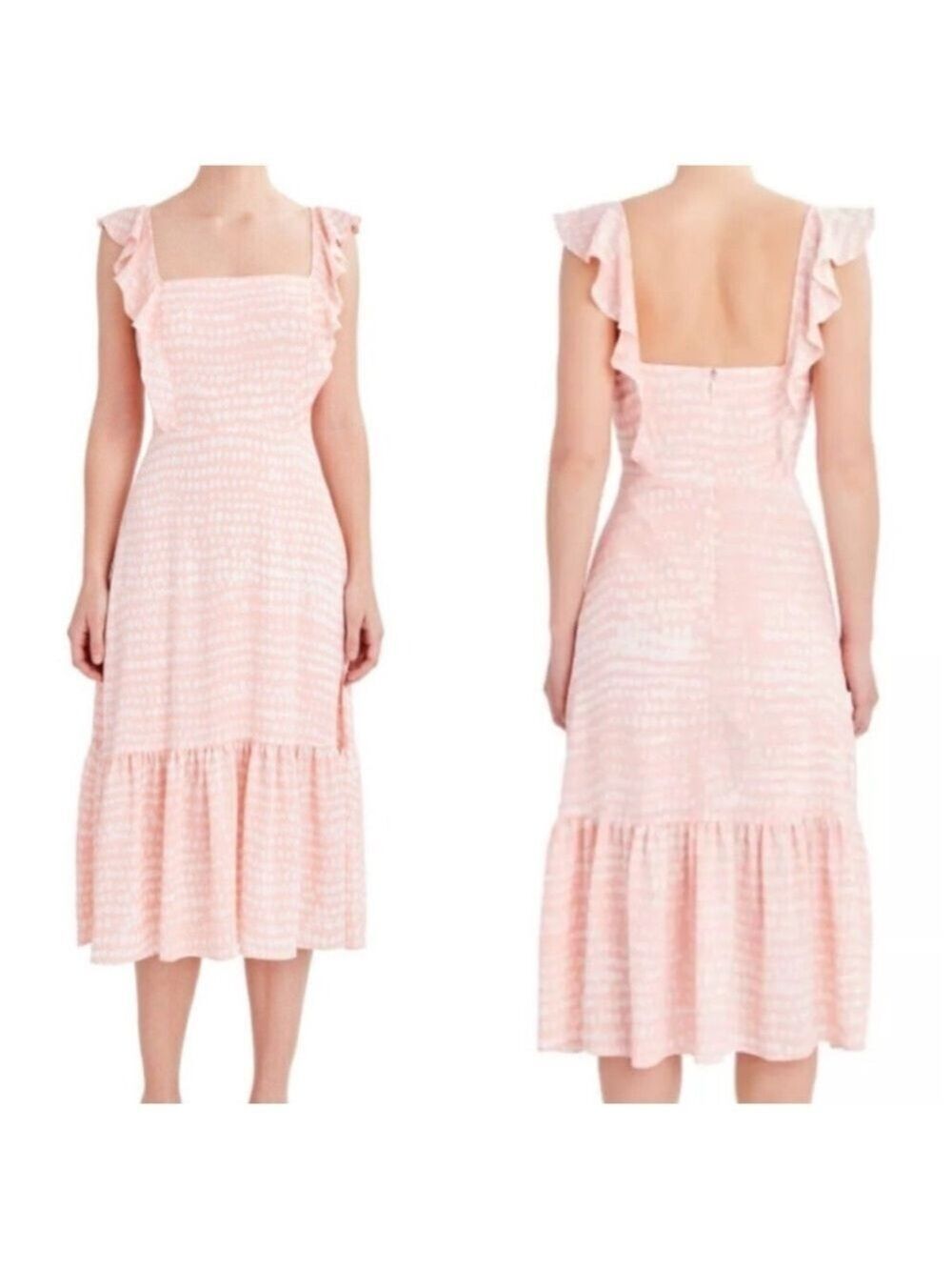 BCBG Paris Pink Flutter Sleeve Smocked Midi Dress Medium